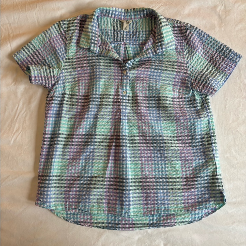 L.L. Bean Vacationland Seersucker Plaid Popover Cotton Shirt